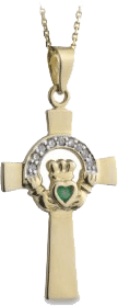 14K Gold, Diamond & Emerald Open Irish Claddagh Cross
